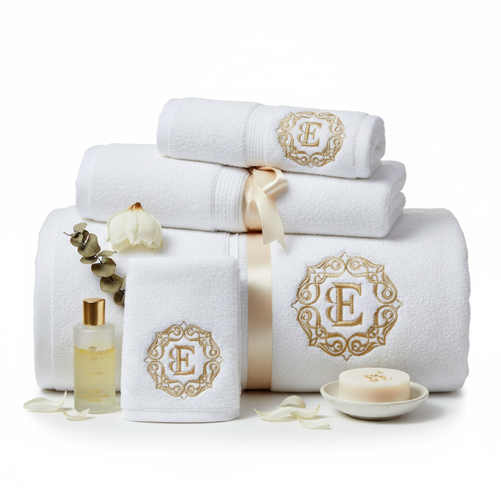 Set de toallas de algodón egipcio blancas con monograma dorado
