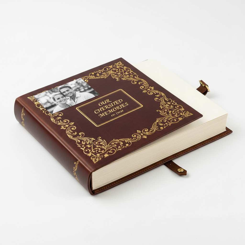 Álbum de fotos de cuero artesanal con grabado dorado