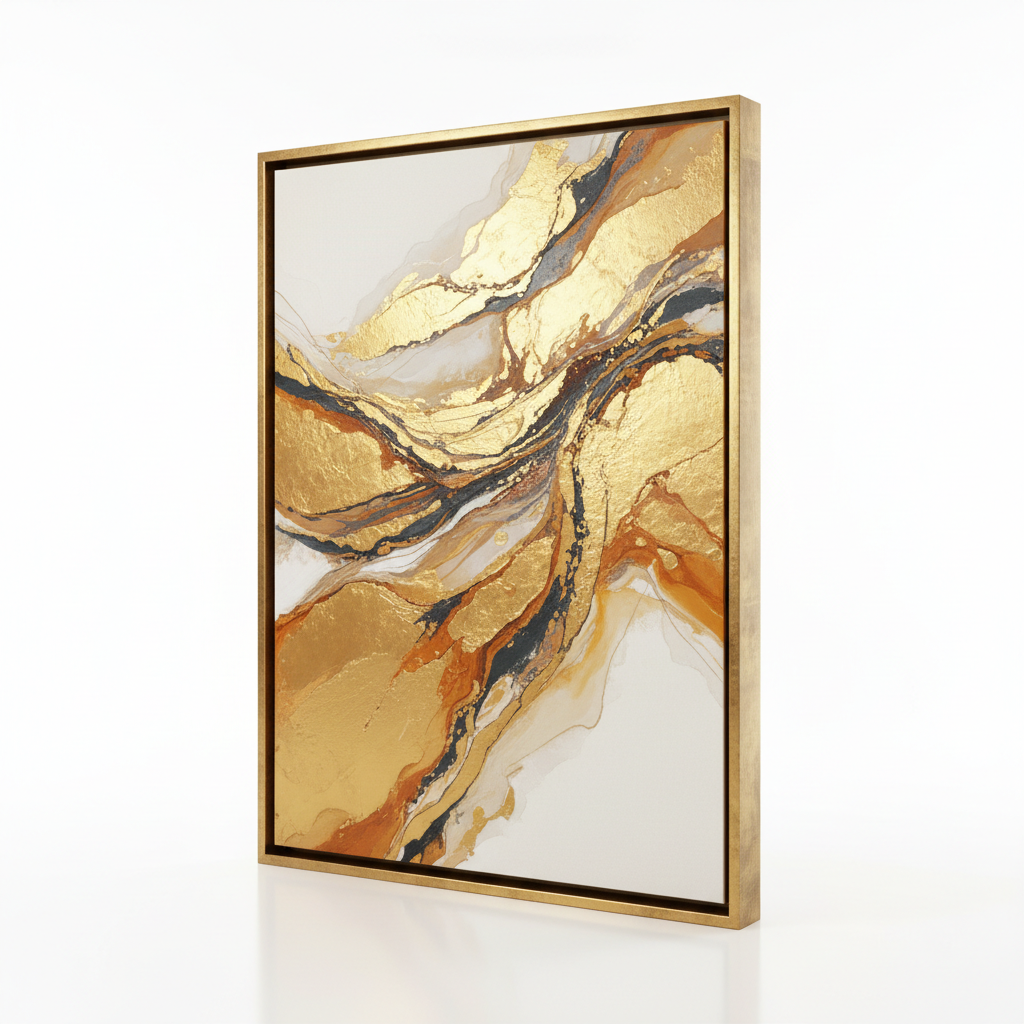 Cuadro abstracto dorado con marco de madera premium