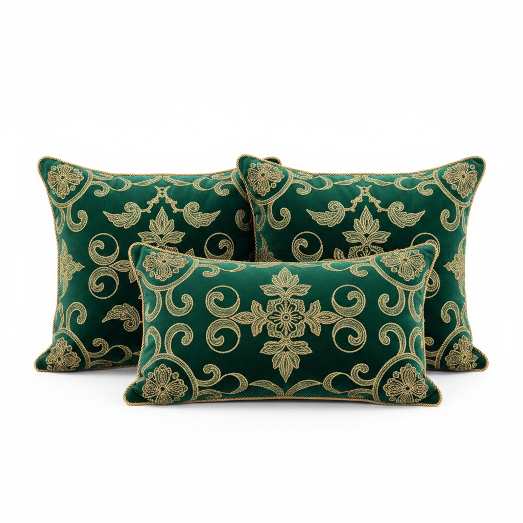 Set de cojines de terciopelo verde esmeralda con bordado dorado