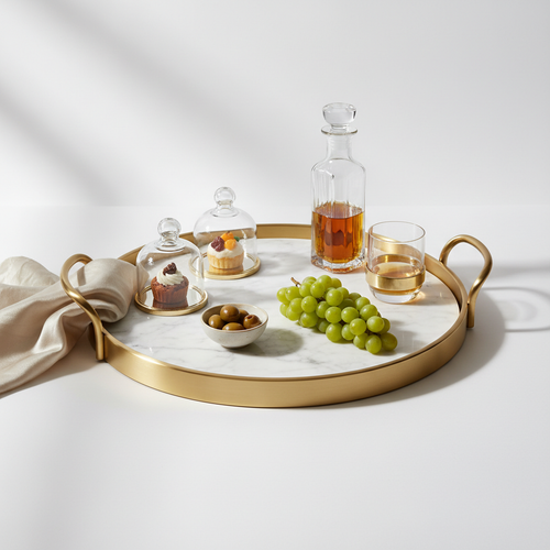 Bandeja decorativa de mármol blanco con asas de latón dorado